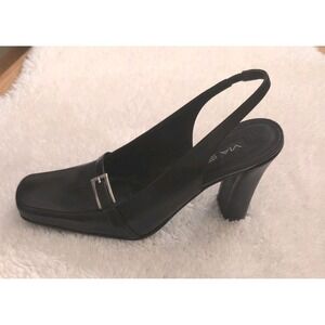 Via Spiga Slingback Black Leather Block Heel Square Toe Shoes Buckle Sz 9.5M New